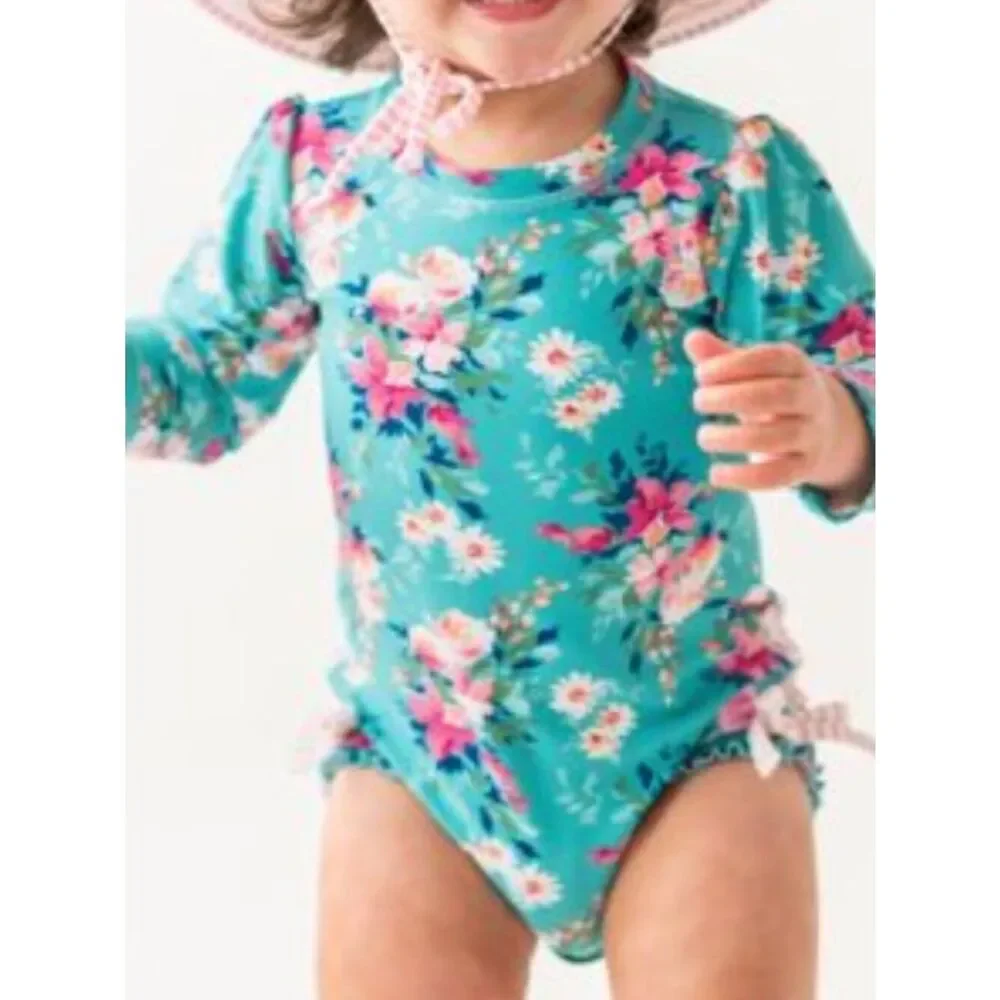 RuffleButts green and pink floral back zipper rash guard one piece swim 6-2 m